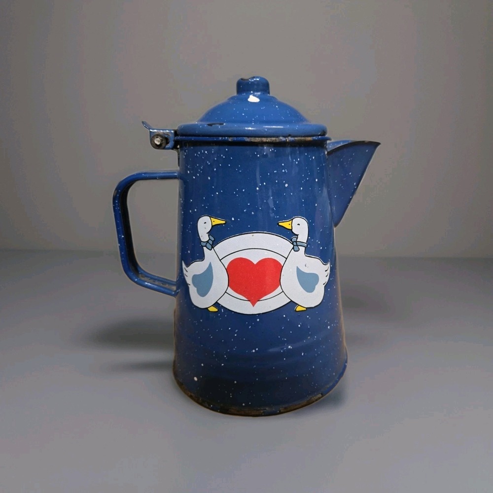Vintage Enamel Coffee Pot Blue Speckled Goose Heart Farmhouse Rustic Kettle